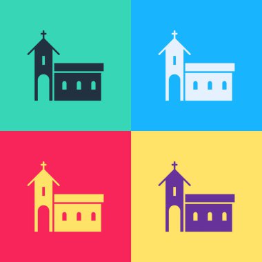 Pop Art Church binası ikonu renk arkaplanında izole edilmiş. Hıristiyan Kilisesi. Kilisenin dini. Vektör İllüstrasyonu