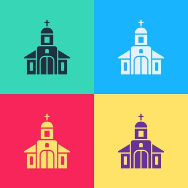 Pop Art Church binası ikonu renk arkaplanında izole edilmiş. Hıristiyan Kilisesi. Kilisenin dini. Vektör İllüstrasyonu
