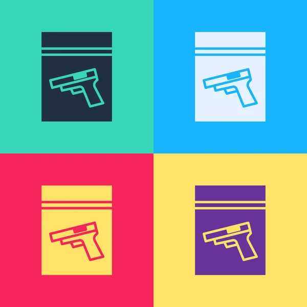 Pop art Evidence bag and pistol or gun icon isolated on color background. Vector Illustration — Stock Vector