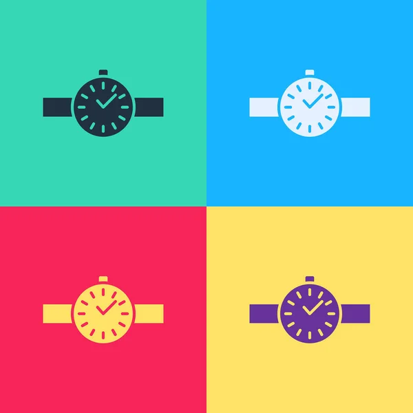 Pop art Wrist horloge pictogram geïsoleerd op kleur achtergrond. Een horloge icoon. Vector Illustratie — Stockvector