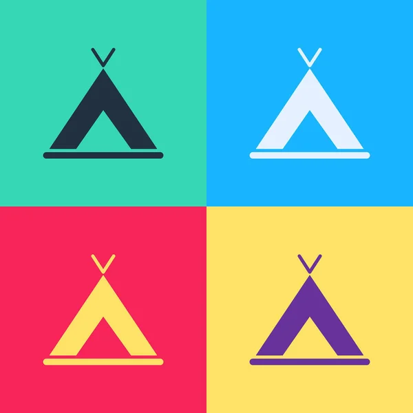 Pop Art Touristenzelt Symbol isoliert auf farbigem Hintergrund. Camping-Symbol. Vektorillustration — Stockvektor