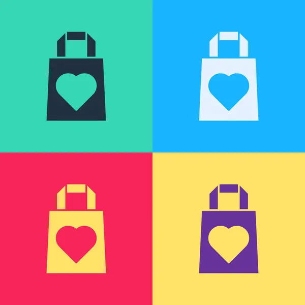 Pop konst Shopping väska med hjärta ikon isolerad på färg bakgrund. 8 mars. Internationella dagen för lyckliga kvinnor. Vektor Illustration — Stock vektor
