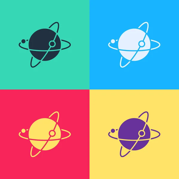 Pop Art Künstliche Satelliten, die den Planeten Erde im Weltraum umkreisen, Ikone isoliert auf farbigem Hintergrund. Kommunikation, Navigationskonzept. Vektorillustration — Stockvektor