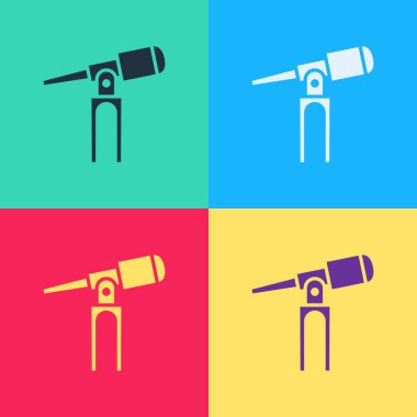Pop Art Teleskop simgesi renk arkaplanında izole edildi. Bilimsel bir alet. Eğitim ve astronomi elementi, dürbün ve çalışma yıldızları. Vektör İllüstrasyonu