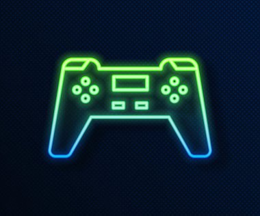 Parlayan neon hattı Gamepad simgesi mavi arkaplanda izole edildi. Oyun kontrolörü. Vektör İllüstrasyonu
