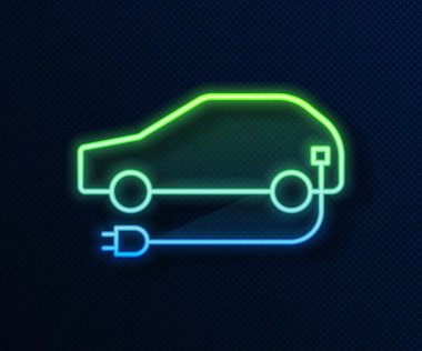 Parlak neon hattı elektrikli araba ve elektrik kablosu şarj ikonu mavi arka planda izole edildi. Yenilenebilir ekolojik teknolojiler. Vektör İllüstrasyonu