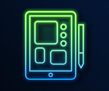 Parlayan neon hattı grafiksel tablet simgesi mavi arkaplanda izole edildi. Vektör İllüstrasyonu