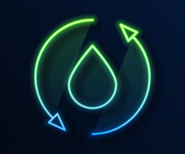 Parlayan neon hattı yağ damlası simgesi mavi arkaplanda izole edildi. Vektör İllüstrasyonu