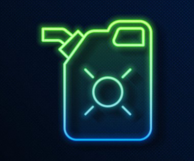 Mavi arka planda izole edilmiş motor makine yağı ikonu için parlayan neon hattı kutusu. Benzin bidonu. Yağ değiştirme ve onarım servisi. Motor yağı işareti. Vektör İllüstrasyonu