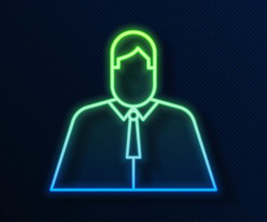 Parlak neon hattı avukatı, avukatı, hukukçu ikonu mavi arka planda izole edildi. Adalet, hukuk ya da saray ikonu. Vektör İllüstrasyonu