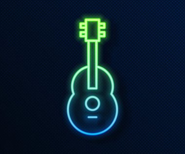 Parlayan neon hattı Gitar simgesi mavi arkaplanda izole edildi. Akustik gitar. Telli müzik aleti. Vektör İllüstrasyonu