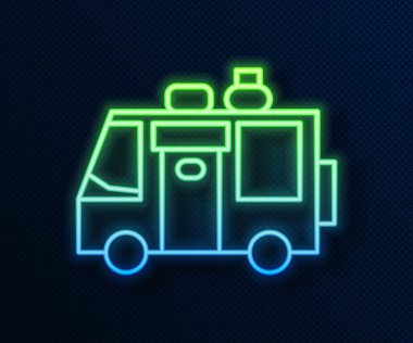 Parlayan neon hattı karavan ikonu mavi arkaplanda izole edildi. Gezici ev, karavan, yolculuk için ev karavanı. Vektör İllüstrasyonu