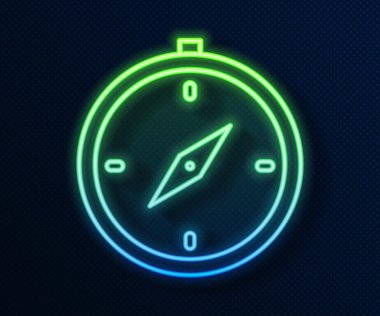 Parlayan neon hattı pusula simgesi mavi arkaplanda izole edildi. Rüzgâr yön bulma sembolü. Rüzgar gül işareti. Vektör İllüstrasyonu