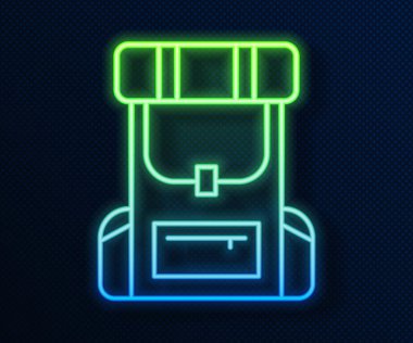 Parlayan neon çizgisi Yürüyüş sırt çantası simgesi mavi arkaplanda izole edildi. Kamp ve dağ gezisi sırt çantası. Vektör İllüstrasyonu