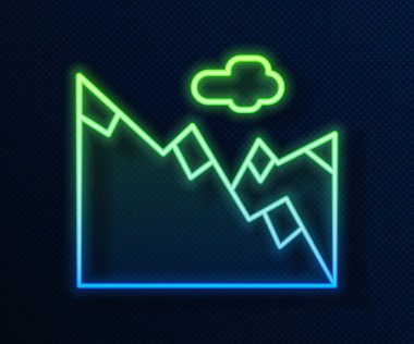 Parlayan neon hattı dağ ikonu mavi arkaplanda izole edildi. Zaferin ya da başarının sembolü. Vektör İllüstrasyonu