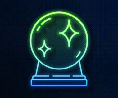 Parlayan neon hattı sihirli top ikonu mavi arkaplanda izole edildi. Kristal küre. Vektör İllüstrasyonu