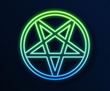 Mavi arkaplanda izole edilmiş bir daire simgesinde parlayan neon çizgisi pentagram. Sihirli okült yıldız sembolü. Vektör İllüstrasyonu