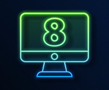 Parlayan neon hattı 8 Mart, mavi arkaplanda izole edilmiş monitör simgesi. Uluslararası Mutlu Kadınlar Günü. Vektör İllüstrasyonu