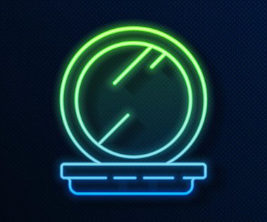 Mavi arka planda izole edilmiş ayna ikonlu parlak neon çizgi makyaj tozu. 8 Mart. Uluslararası Mutlu Kadınlar Günü. Vektör İllüstrasyonu