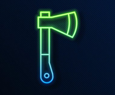 Parlayan neon hattı ahşap balta ikonu mavi arkaplanda izole edildi. Oduncu baltası. Vektör İllüstrasyonu