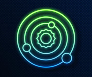 Parlayan neon hattı güneş sistemi simgesi mavi arkaplanda izole edildi. Gezegenler yıldızın etrafında dönerler. Vektör İllüstrasyonu