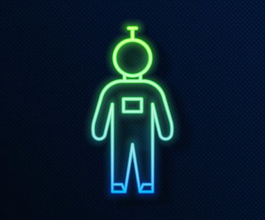 Parlayan neon hattı astronot simgesi mavi arkaplanda izole edildi. Vektör İllüstrasyonu