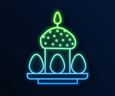 Parlayan neon hattı. Paskalya pastası ve yumurta ikonu mavi arka planda izole edilmiş. Mutlu Paskalyalar. Vektör İllüstrasyonu