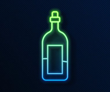 Parlayan neon hattı şarap ikonu mavi arka planda izole edildi. Vektör İllüstrasyonu