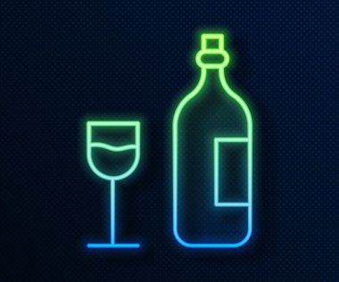 Parlak neon çizgili şarap şişesi mavi arka planda izole edilmiş cam ikon. Mutlu Paskalyalar. Vektör İllüstrasyonu