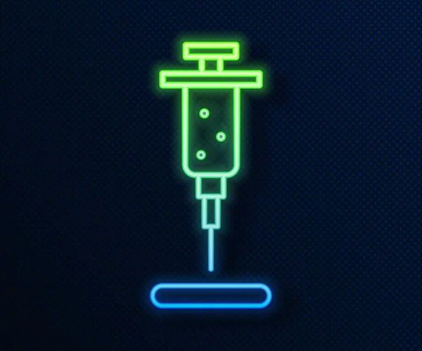 Gloeiende neon lijn Spuitpictogram geïsoleerd op blauwe achtergrond. Spuit voor vaccin, vaccinatie, injectie, griepprik. Medische apparatuur. Vector Illustratie — Stockvector