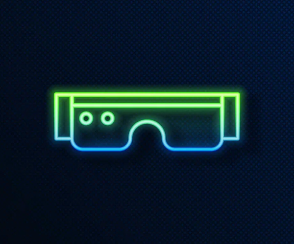 Leuchtende Neon-Linie Smart-Brille auf Brillensymbol auf blauem Hintergrund montiert. Tragbare Elektronik-Smart-Brille mit Kamera und Display. Vektorillustration — Stockvektor