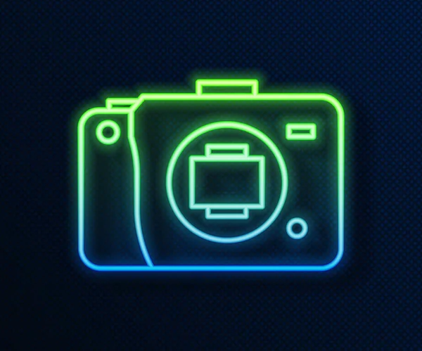 Leuchtende Neon-Linie Spiegelloses Kamerasycon isoliert auf blauem Hintergrund. Ikone der Fotokamera. Vektorillustration — Stockvektor