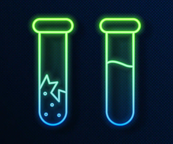 Gloeiende neonlijn Testbuis en -kolf - chemisch laboratorium testpictogram geïsoleerd op blauwe achtergrond. Laboratorium glaswerk bord. Vector Illustratie — Stockvector