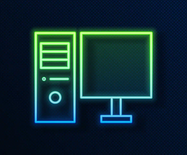 Ligne lumineuse néon Icône de moniteur d'ordinateur isolé sur fond bleu. Panneau composant PC. Illustration vectorielle — Image vectorielle