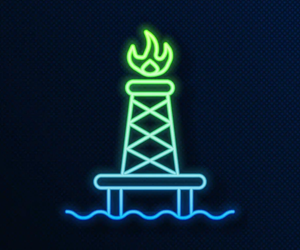 Linea neon incandescente Oil rig con icona del fuoco isolata su sfondo blu. Torre di servizio. Oggetto industriale. Illustrazione vettoriale — Vettoriale Stock