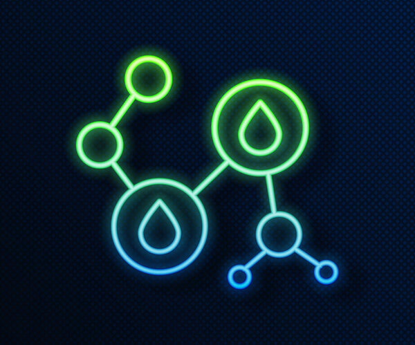 Glowing neon line Molecule oil icon isolated on blue background. Structure of molecules in chemistry. Vector Illustration