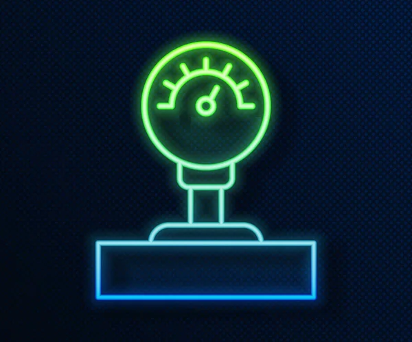 Gloeiende neon lijn Meetschaal pictogram geïsoleerd op blauwe achtergrond. Tevredenheid, temperatuur, manometer, risico, rating, prestaties, toerenteller. Vector Illustratie — Stockvector