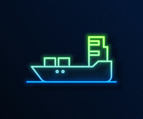 Светящаяся неоновая линия Значок корабля нефтяного танкера изолирован на синем фоне. Векторная миграция — стоковый вектор