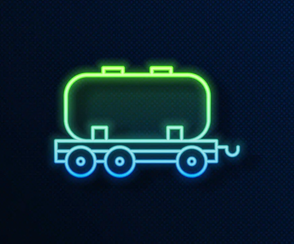 Glowing neon line Oil railway cistern icon isolated on blue background. Train oil tank on railway car. Rail freight. Oil industry. Vector Illustration — Stock Vector