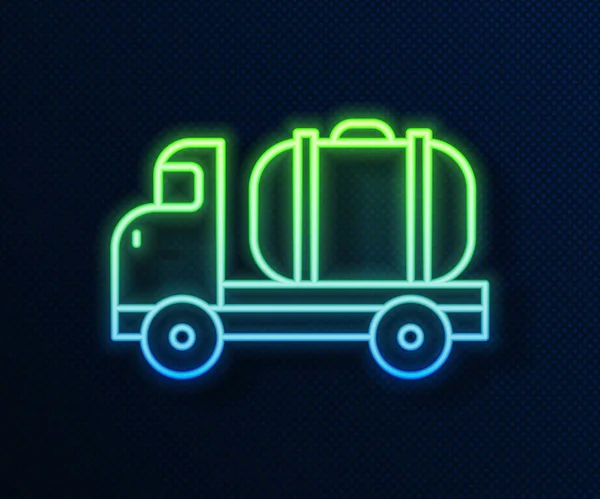 Icono brillante camión cisterna línea de neón aislado sobre fondo azul. Petrolero, camión de gasolina, cisterna, remolque de petróleo. Ilustración vectorial — Archivo Imágenes Vectoriales