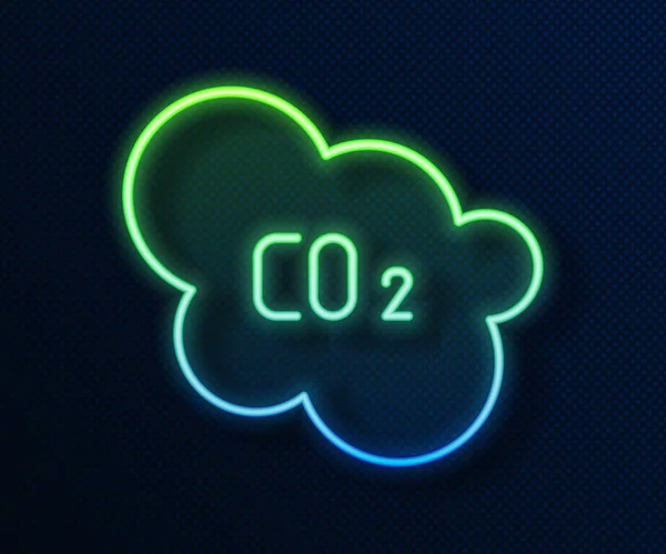 Emissioni di CO2 in linea al neon incandescente nell'icona della nuvola isolata su sfondo blu. Formula anidride carbonica, concetto di inquinamento da smog, concetto di ambiente. Illustrazione vettoriale — Vettoriale Stock