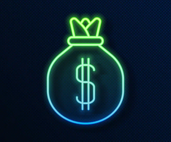 Ligne lumineuse néon Icône sac d'argent isolé sur fond bleu. Dollar ou symbole USD. Cash Banking signe de devise. Illustration vectorielle — Image vectorielle