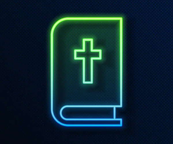 Brillante línea de neón Icono del libro de la Sagrada Biblia aislado sobre fondo azul. Ilustración vectorial — Vector de stock