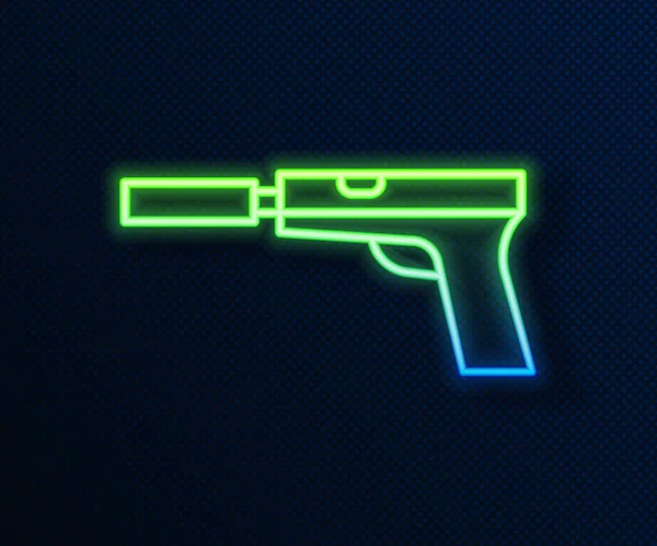 Linha de néon brilhante Pistola ou arma com ícone silenciador isolado no fundo azul. Ilustração vetorial —  Vetores de Stock