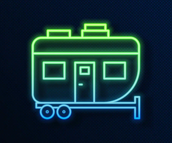 Lumineux néon ligne Rv Camping remorque icône isolée sur fond bleu. Voyage mobile home, caravane, camping-car pour les voyages. Illustration vectorielle — Image vectorielle