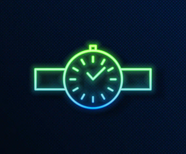 Gloeiende neon lijn Polshorloge pictogram geïsoleerd op blauwe achtergrond. Een horloge icoon. Vector Illustratie — Stockvector