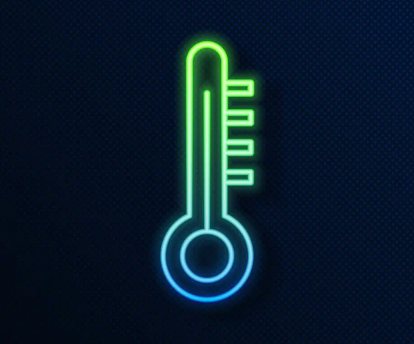 Λαμπερό νέον γραμμή Μετεωρολογικό θερμόμετρο μέτρησης εικονίδιο απομονώνονται σε μπλε φόντο. Θερμομετρικό εξοπλισμό που δείχνει ζεστό ή κρύο καιρό. Εικονογράφηση διανύσματος — Διανυσματικό Αρχείο