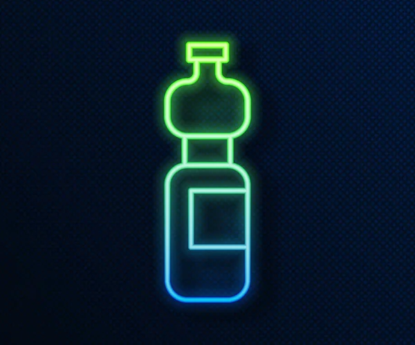 Glowing neon line Bottle of water icon isolated on blue background. Tanda minuman Soda aqua. Ilustrasi Vektor - Stok Vektor