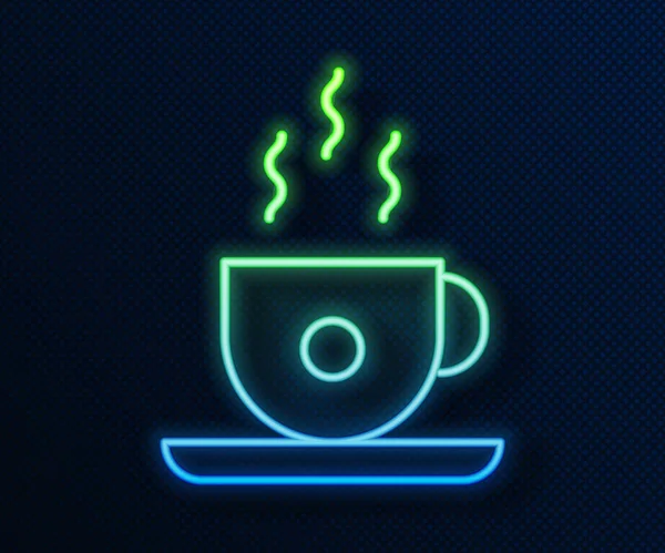 Linea fluorescente icona tazza di caffè isolato su sfondo blu. Una tazza di tè. Caffè caldo. Illustrazione vettoriale — Vettoriale Stock