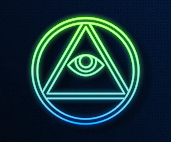 Linea al neon incandescente Simbolo massoni Icona dell'occhio di Dio che tutto vede isolato su sfondo blu. L'occhio della Provvidenza nel triangolo. Illustrazione vettoriale — Vettoriale Stock